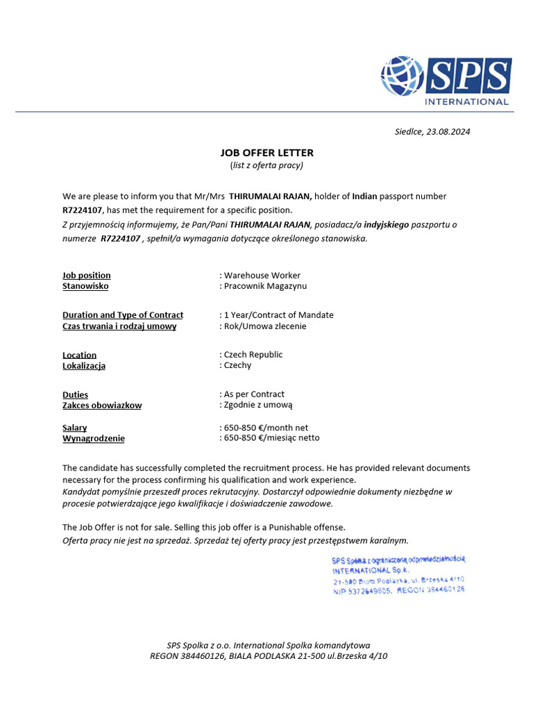 Job Offer - THIRUMALAI RAJAN | PDF