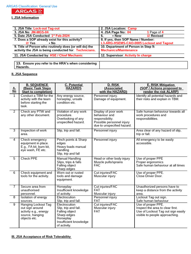 04 - MGS - JSA - Lockout Tagout | PDF