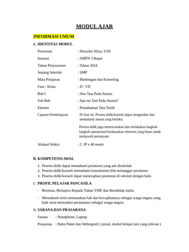 Modul Ajar BK Kelas 7 | PDF