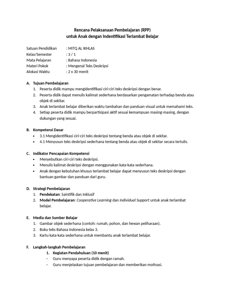 Rencana Pelaksanaan Pembelajaran Inklusif | PDF