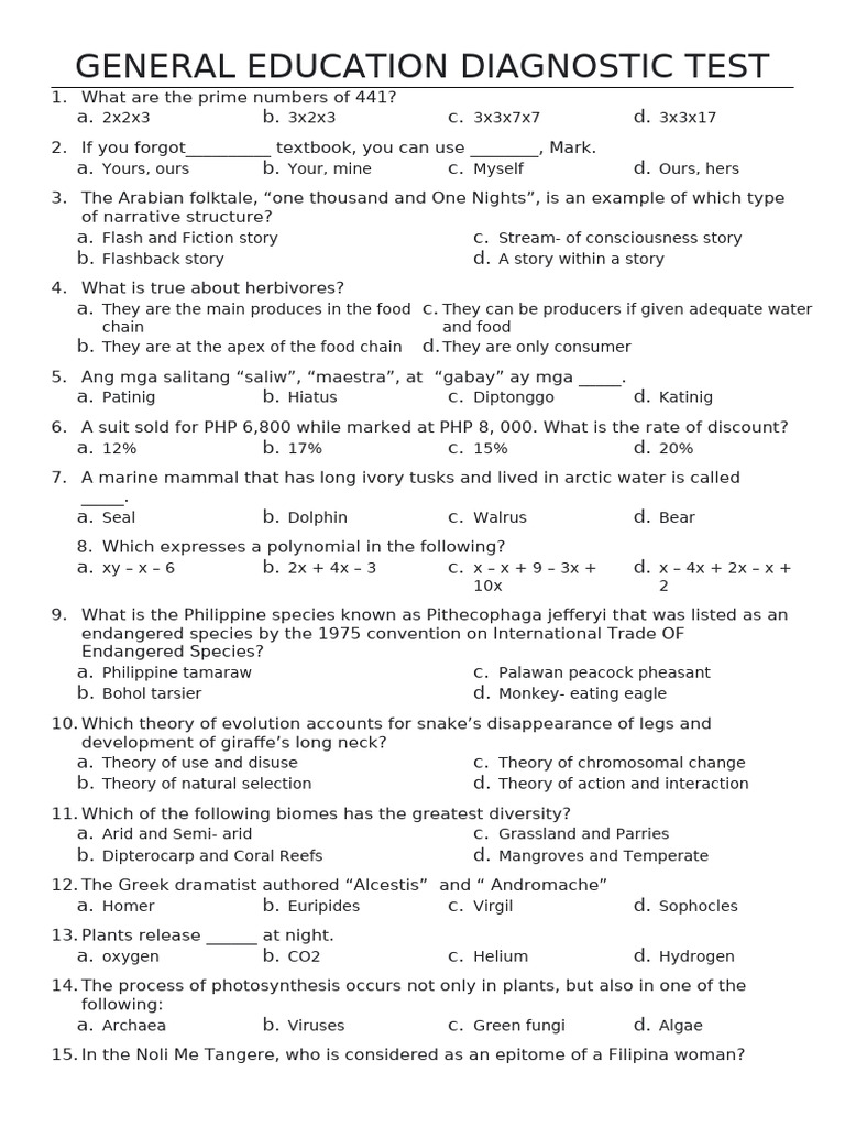 General Education Diagnostic Test | PDF | Biosynthesis | Dominance ...