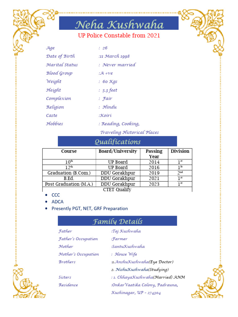 Neha Kushwaha: Personal and Academic Profile | PDF