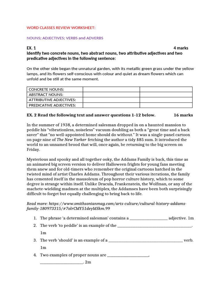 Word Classes Review Worksheet 1 | PDF