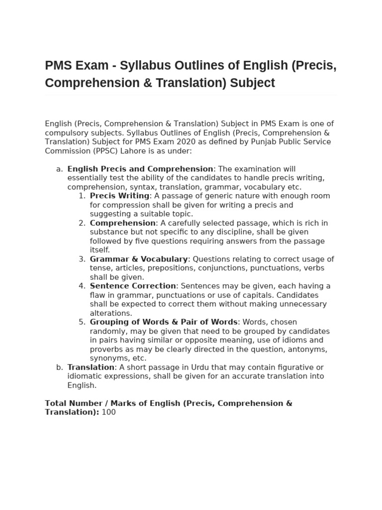 PMS Exam English Syllabus Overview | PDF