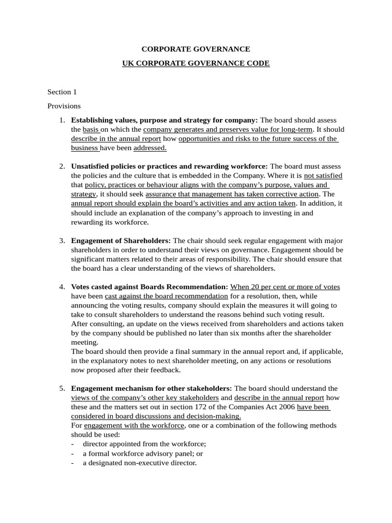 UK Corporate Governance Code Overview | PDF | Corporate Governance ...