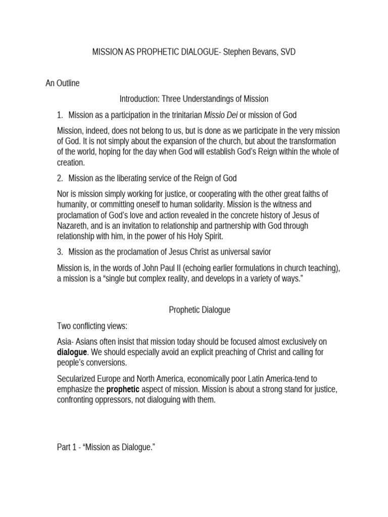 MISSION AS PROPHETIC DIALOGUE Bevans An Outline | PDF