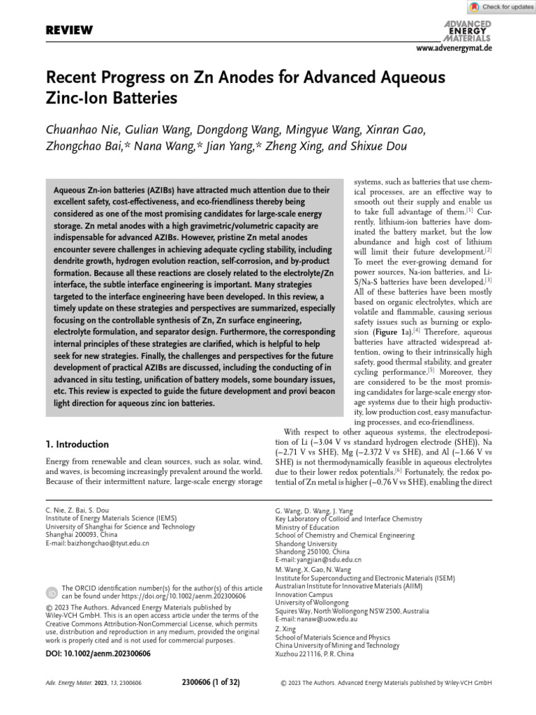 Advanced Energy Materials - 2023 - Nie - Recent Progress On ZN Anodes ...
