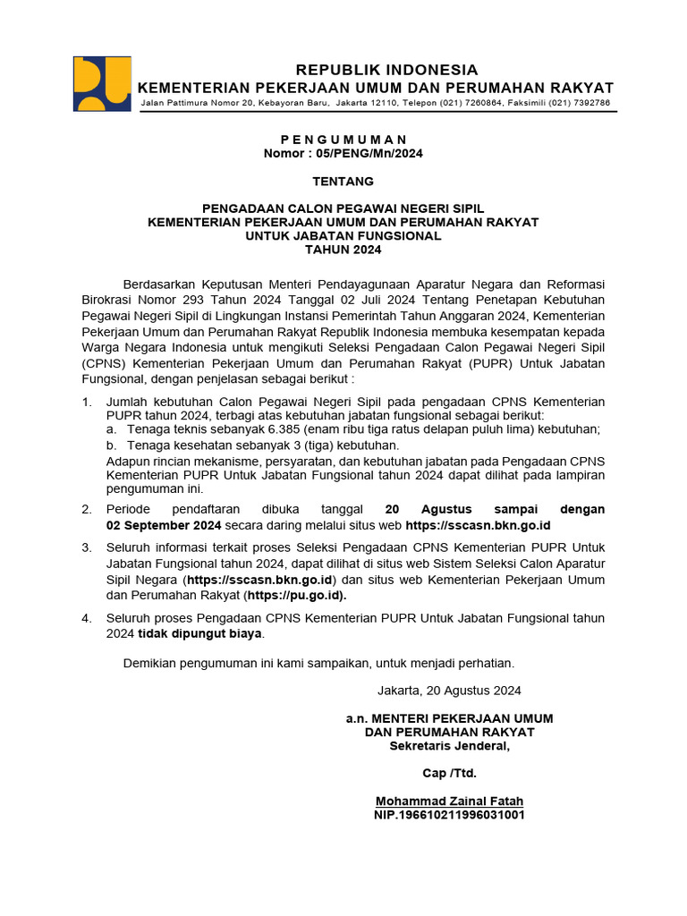 Pengumuman Cpns Pupr 2024 Pdf