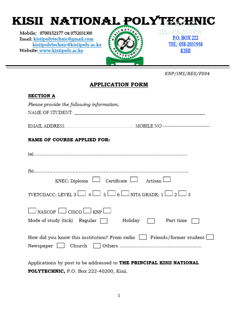 Kisii Polytechnic Application Form | PDF | Government And Personhood
