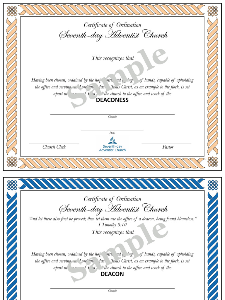 Ordination Certificate Samples for SDA | PDF | Pastor | Ordination