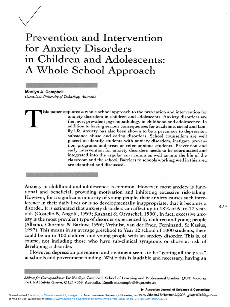 Prevention and Intervention For Anxiety Disorders in Children and ...