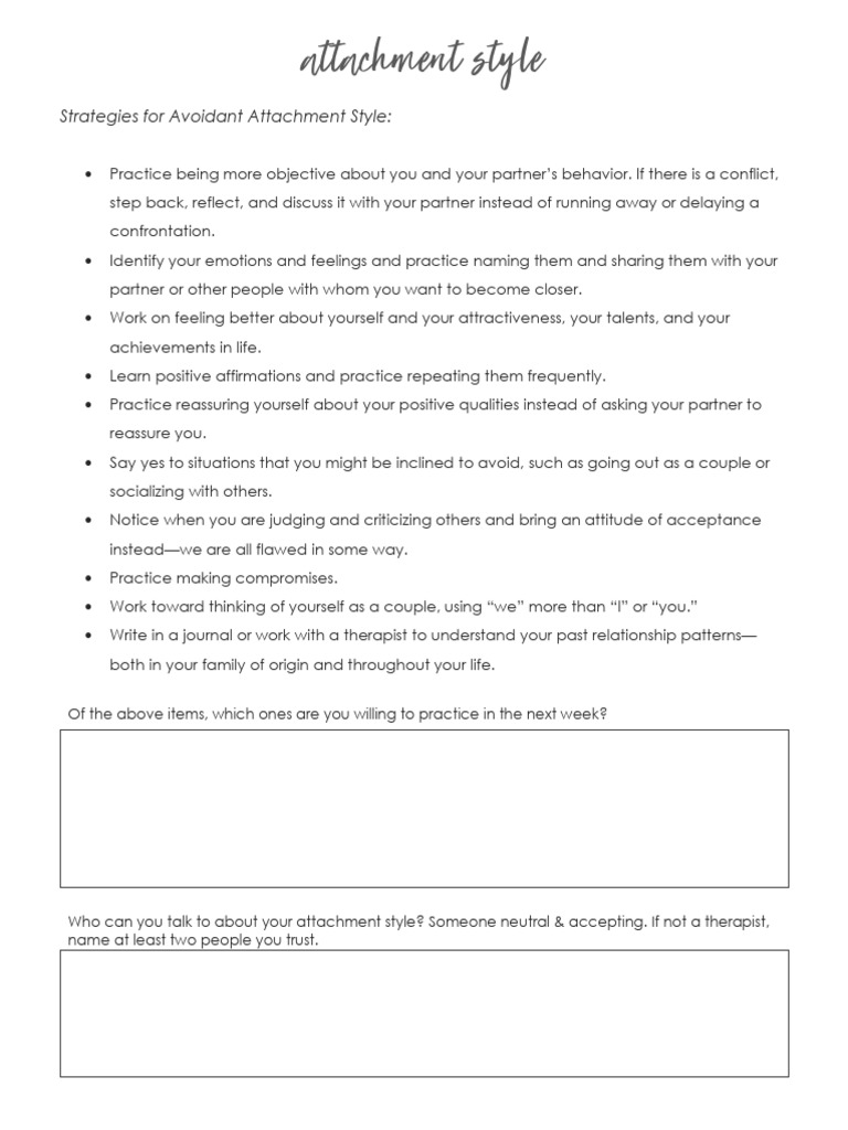Avoidant Style Attachment Worksheet PDF