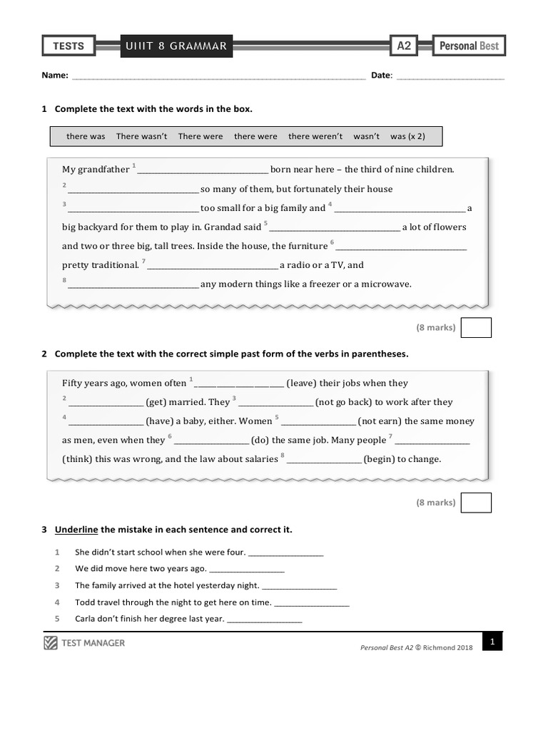 Personal Best A2 Unit 8 Grammar Test | PDF