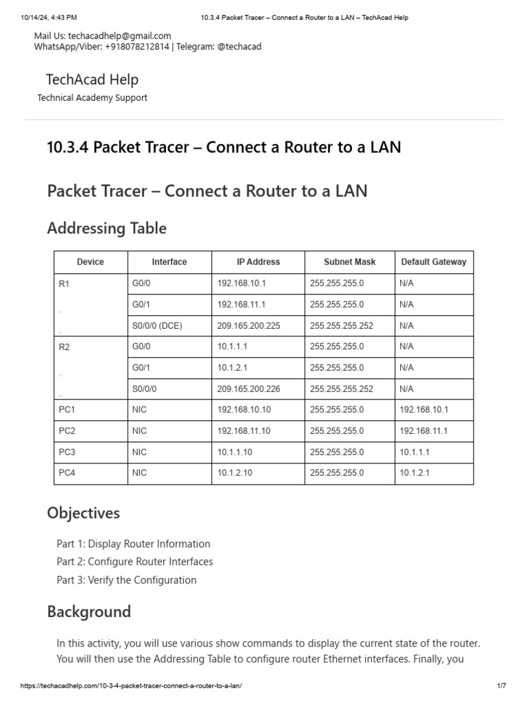 10.3.4 Packet Tracer - Connect A Router To A LAN - TechAcad Help | PDF