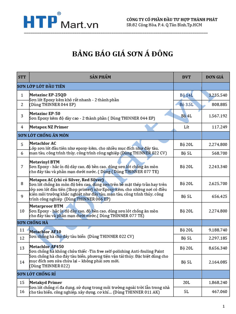 Bảng Báo Giá Sơn Á ĐÔNG | PDF