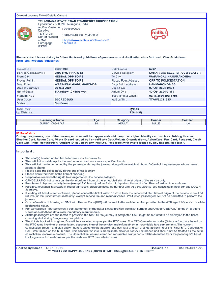 TSRTC Onward Journey Ticket Details | PDF | Identity Document | Transport