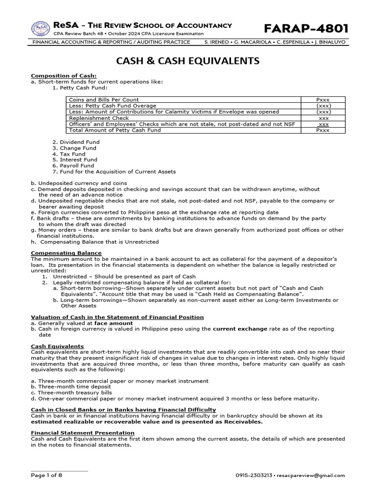 FARAP-4801 (Cash & Cash Equivalents) | PDF