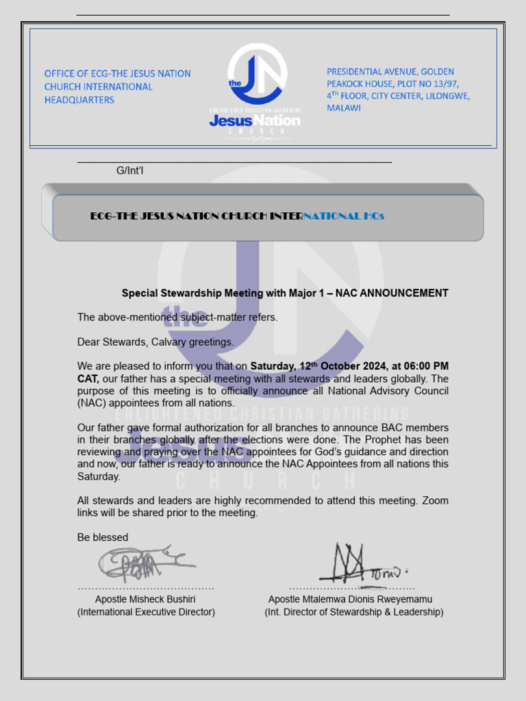 Specil Stewardship Meeting With Major 1 - NAC Announcement | PDF
