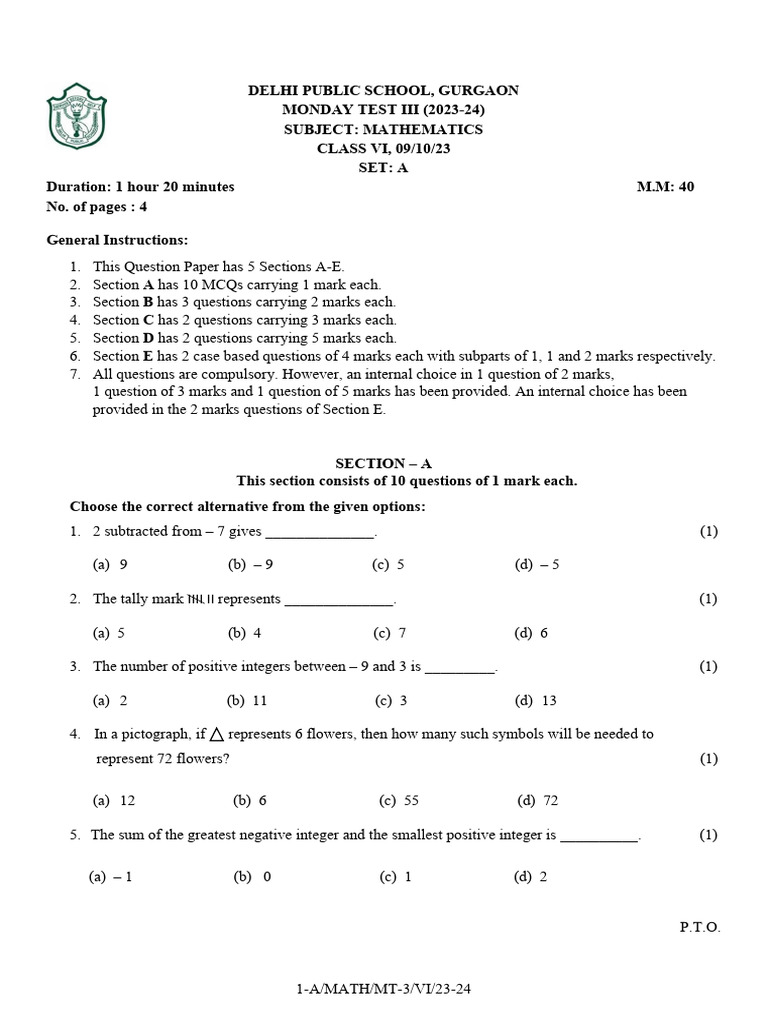 Class VI Maths Test Paper 2023-24 | PDF | Mathematical Concepts ...