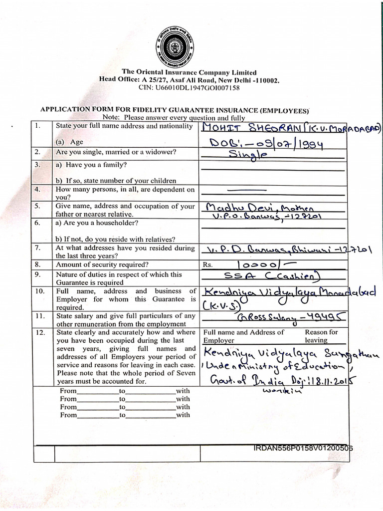 24.09.2024 Application Form For Fidelity Guarantee Insurance (Employees ...