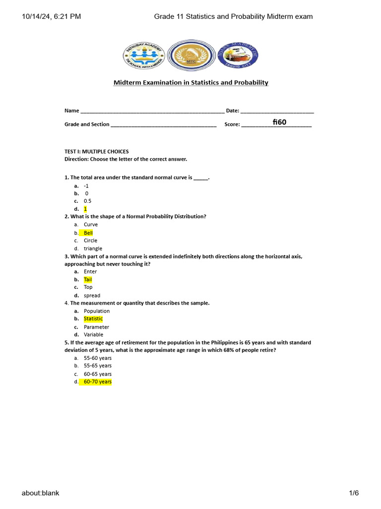 Grade 11 Statistics and Probability Midterm Exam | PDF