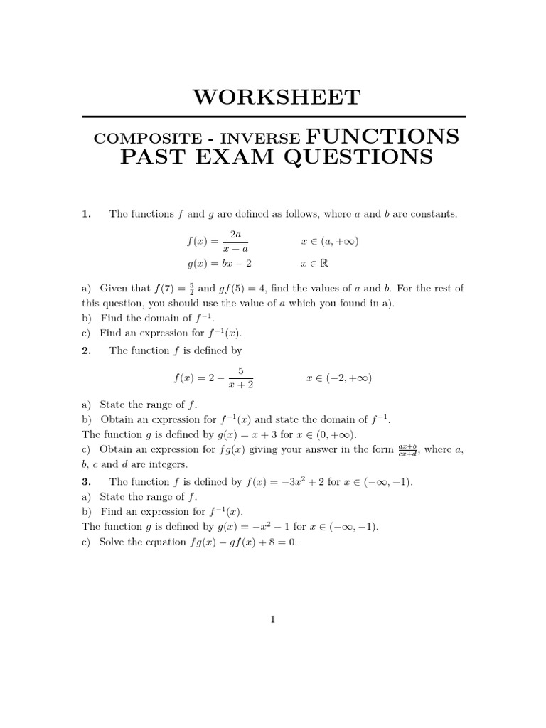 Worksheet Past Examp Papers Composite Inverse Functions | PDF