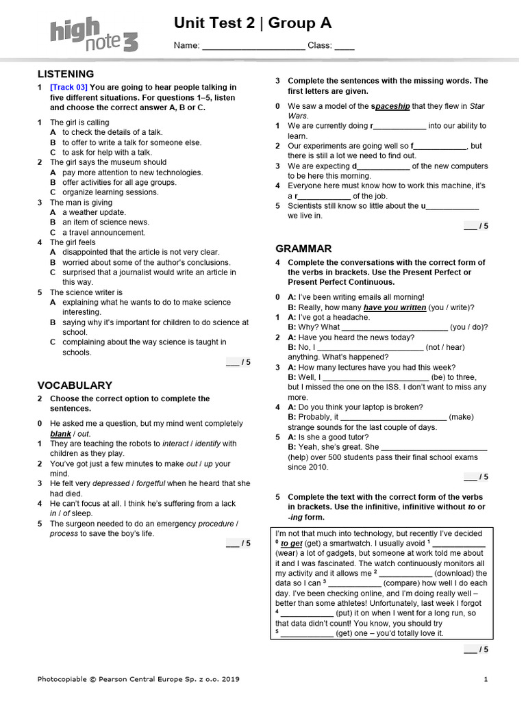 HighNote3 U2 Test A | PDF