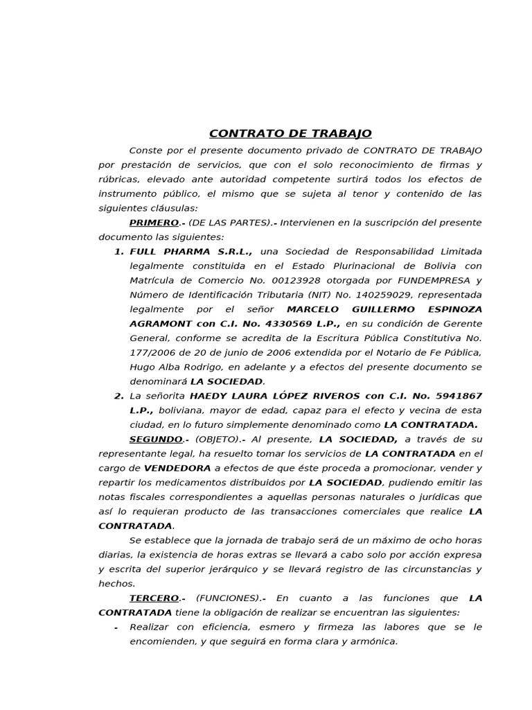 CONTRATO DE TRABAJO LABORAL FULL PHARMA Laura Lopez | PDF