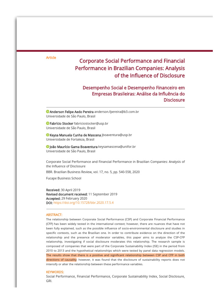 Corporate Social Performance and Financial Performance in Brazilian ...