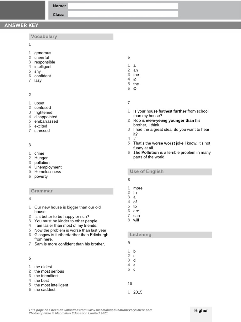 A2 U8 Test Higher Answer Key | PDF