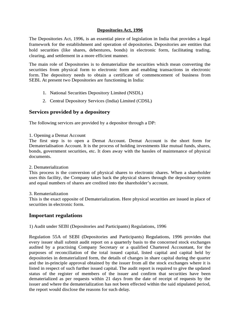 Depositories Act, 1996 | PDF