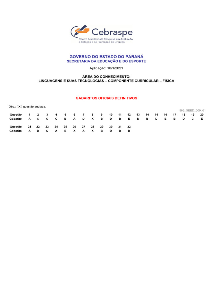 Cespe Cebraspe 2021 Seed PR Professor Fisica Gabarito | PDF