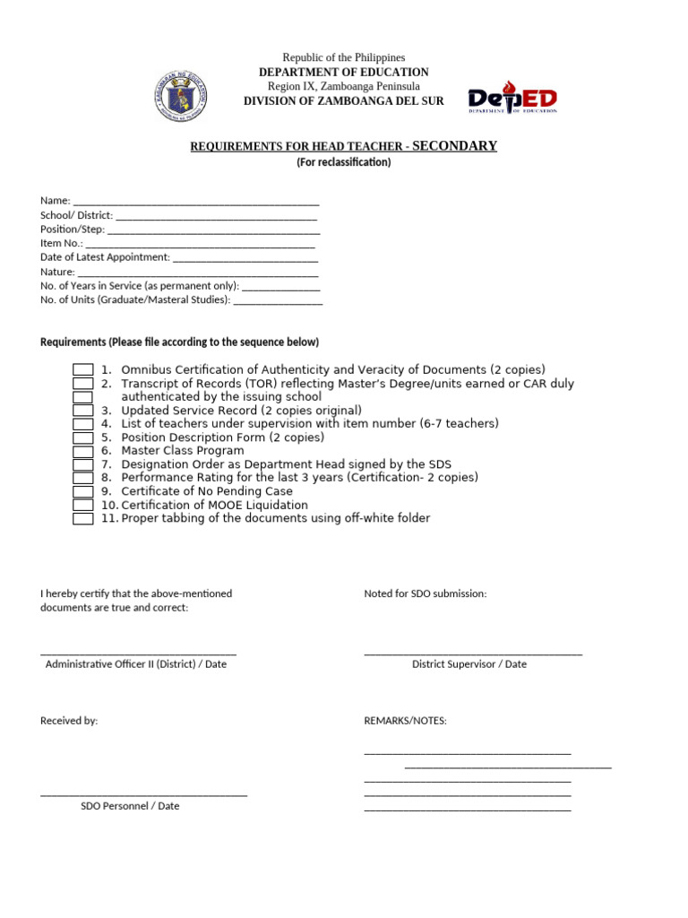 Requirements For HT RECLASS - SECONDARY | PDF