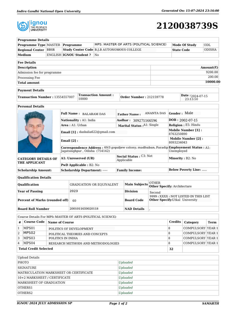 Application Form IGNOU | PDF