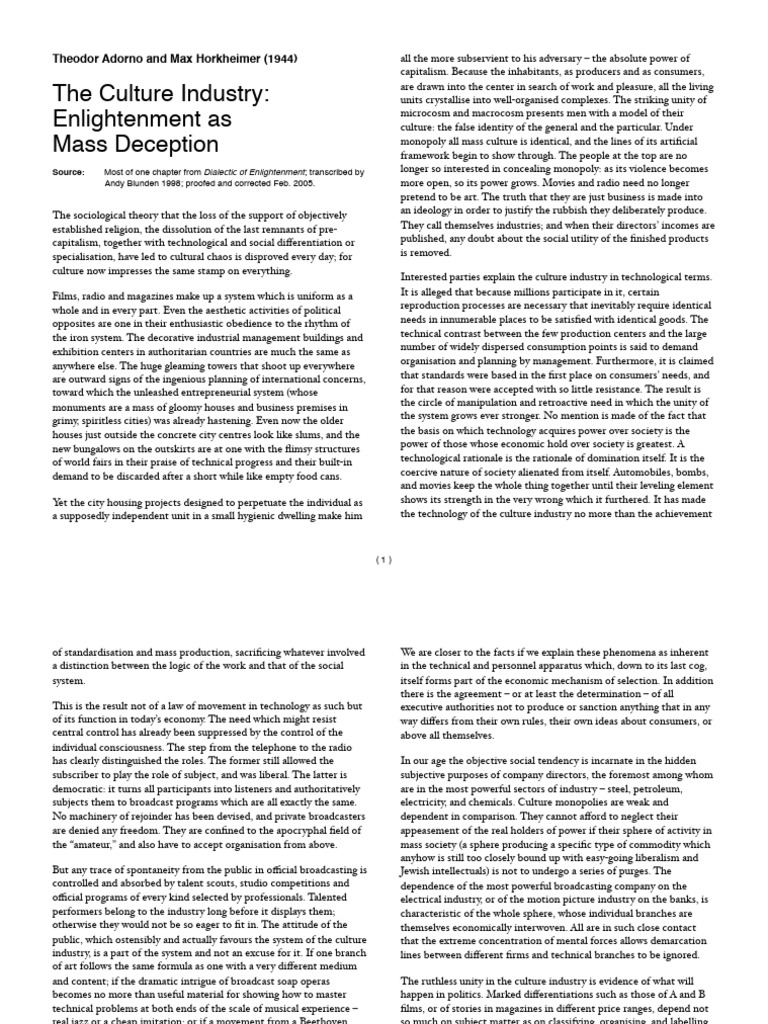 The culture industry enlightenment as mass deception by theodor adorno