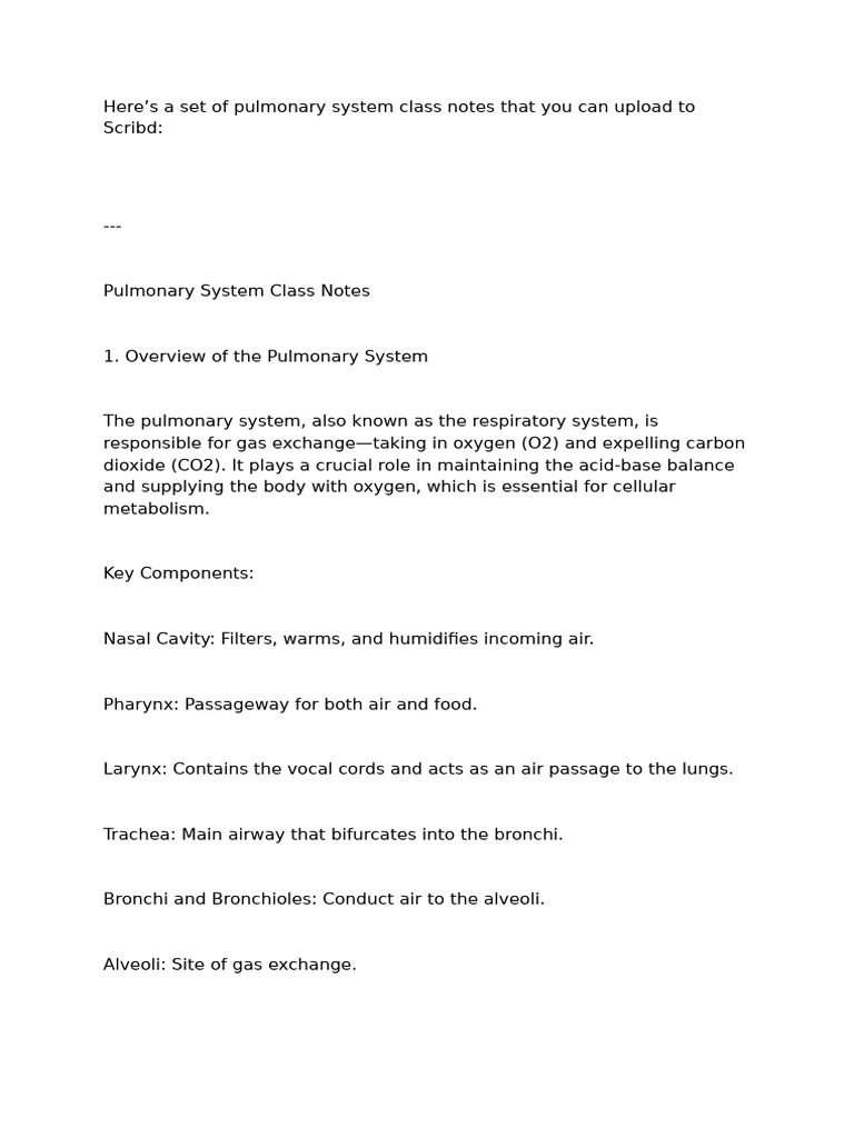 Pulmonary Class Notes | PDF | Respiratory System | Lung