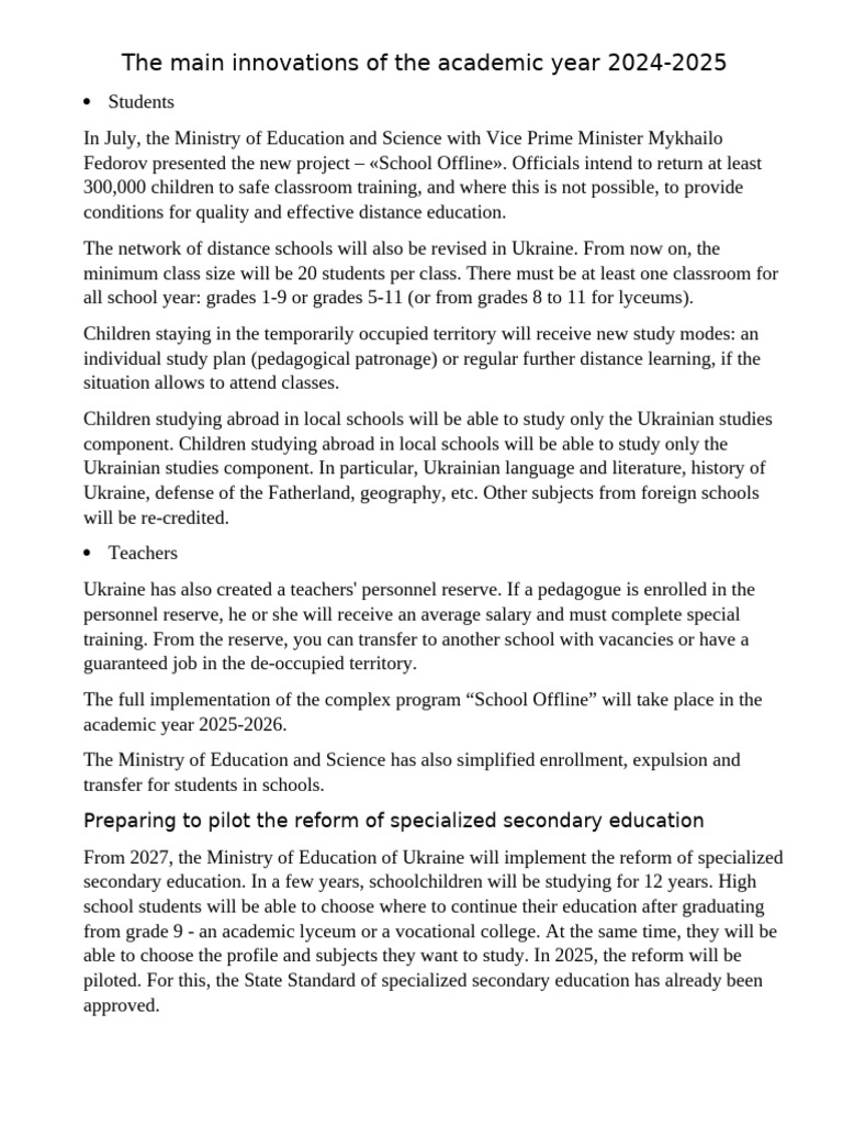 The Main Innovations of The Academic Year 2024 | PDF