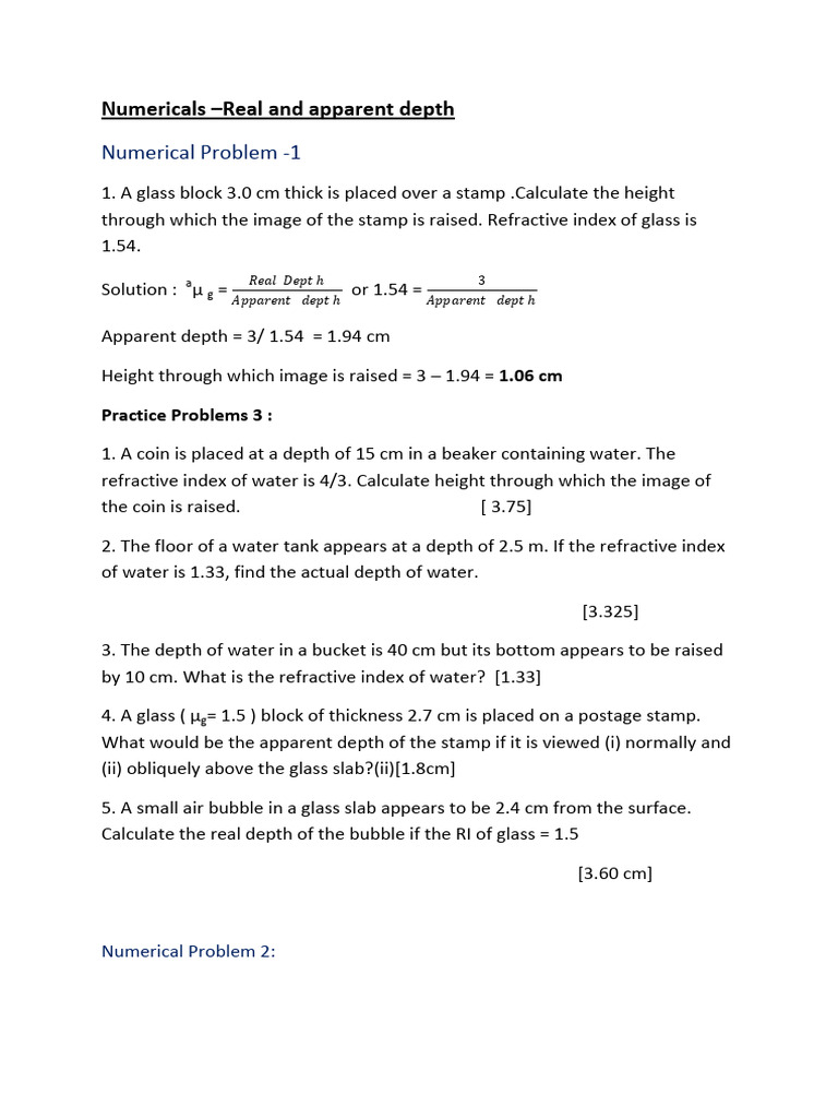 Numericals - Real and Apparent Depth | PDF