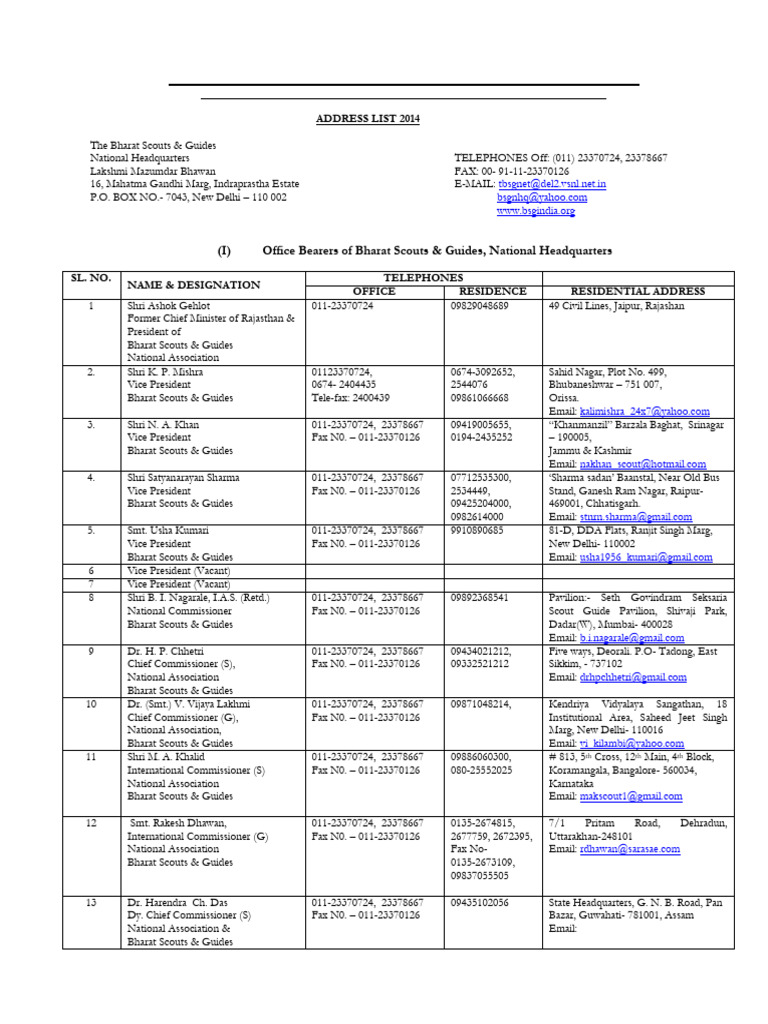 Address Directory of The Bhart Scout and Guide | PDF