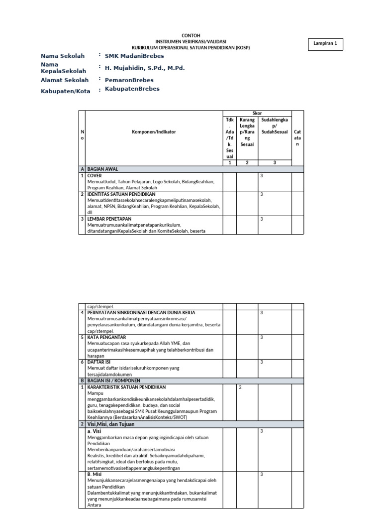 Contoh Instrumen Verval Kos SMK | PDF