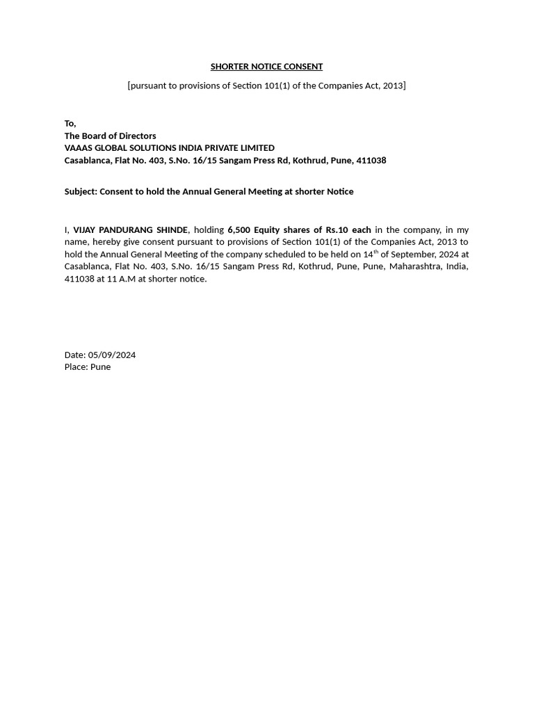 Shorter Notice Consent | PDF
