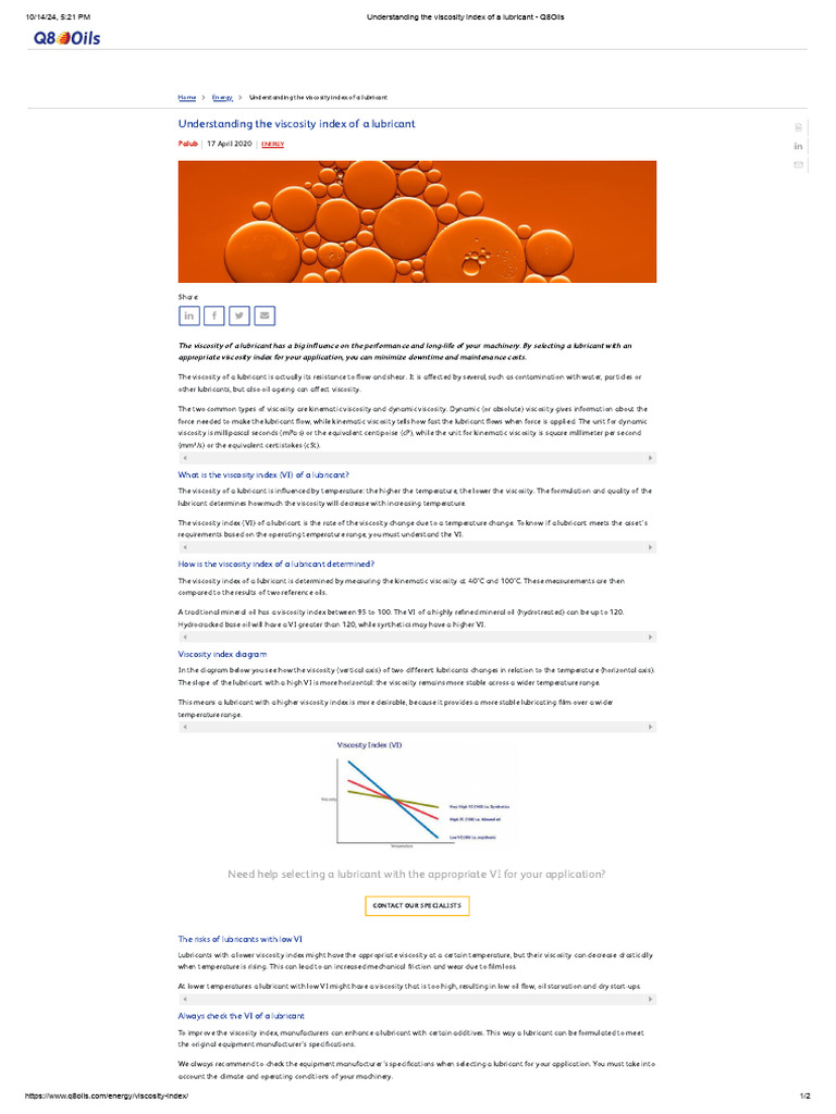 Understanding The Viscosity Index of A Lubricant - Q8Oils | PDF