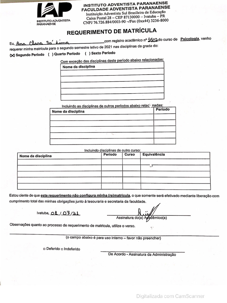 Requerimento de Matrícula | PDF