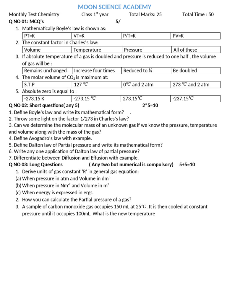 Monthly Chemistry Test for 1st Year Students | PDF | Science &amp; Mathematics | Teaching Methods ...