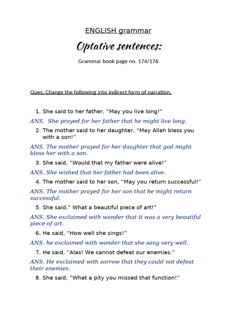 Optative Sentence Ka Definition English Mein
