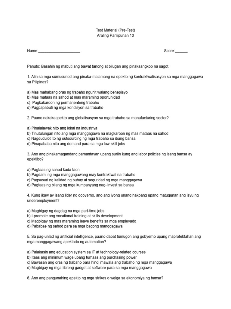 Test Material Pre Test | PDF | Labor | Employee Relations