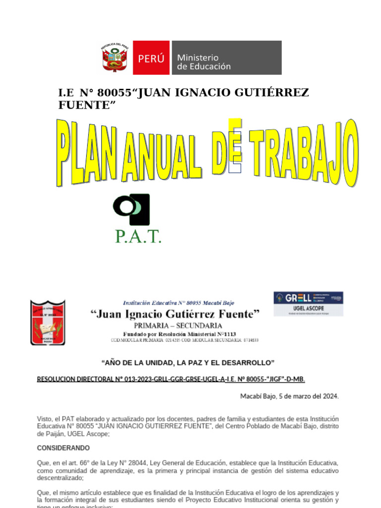 Plan Anual de Trabajo - Pat 2024 | PDF