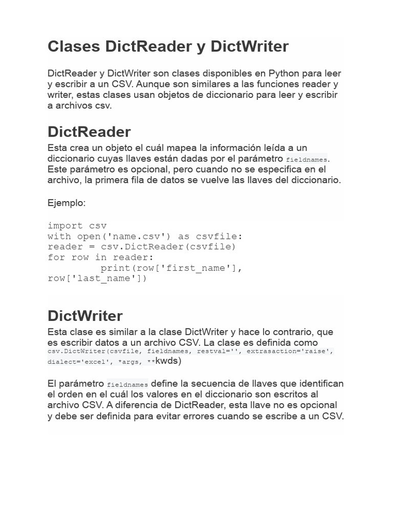 Clases DictReader y DictWriter en Python | PDF