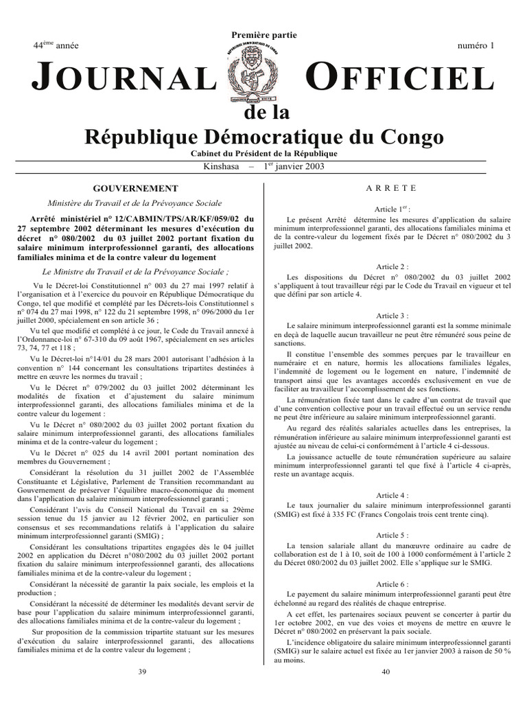 SMIG et Barème Salarial en RDC 2025 | PDF | Salaire minimum | Salaires