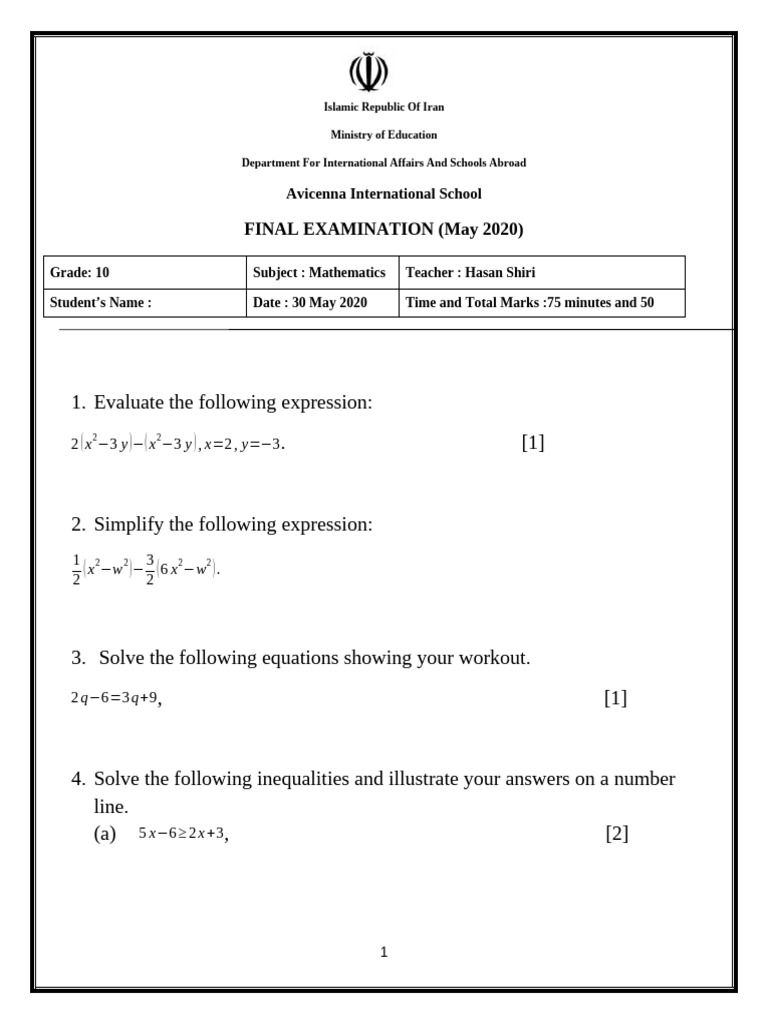 Grade 10 Math Final Exam - May 2020 | PDF | Mathematics | Equations